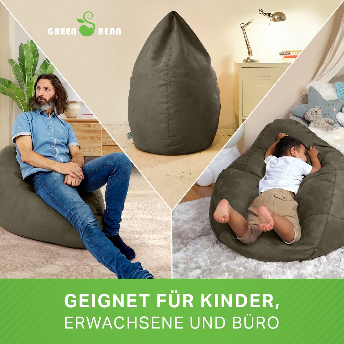 Green Bean Zitzak met rugleuning 60x60x90cm - Binnenzitkussen 220L vulling, comfortabel, wasbaar - Zitzak vloerkussen, loungestoel, voetenbank - Khaki