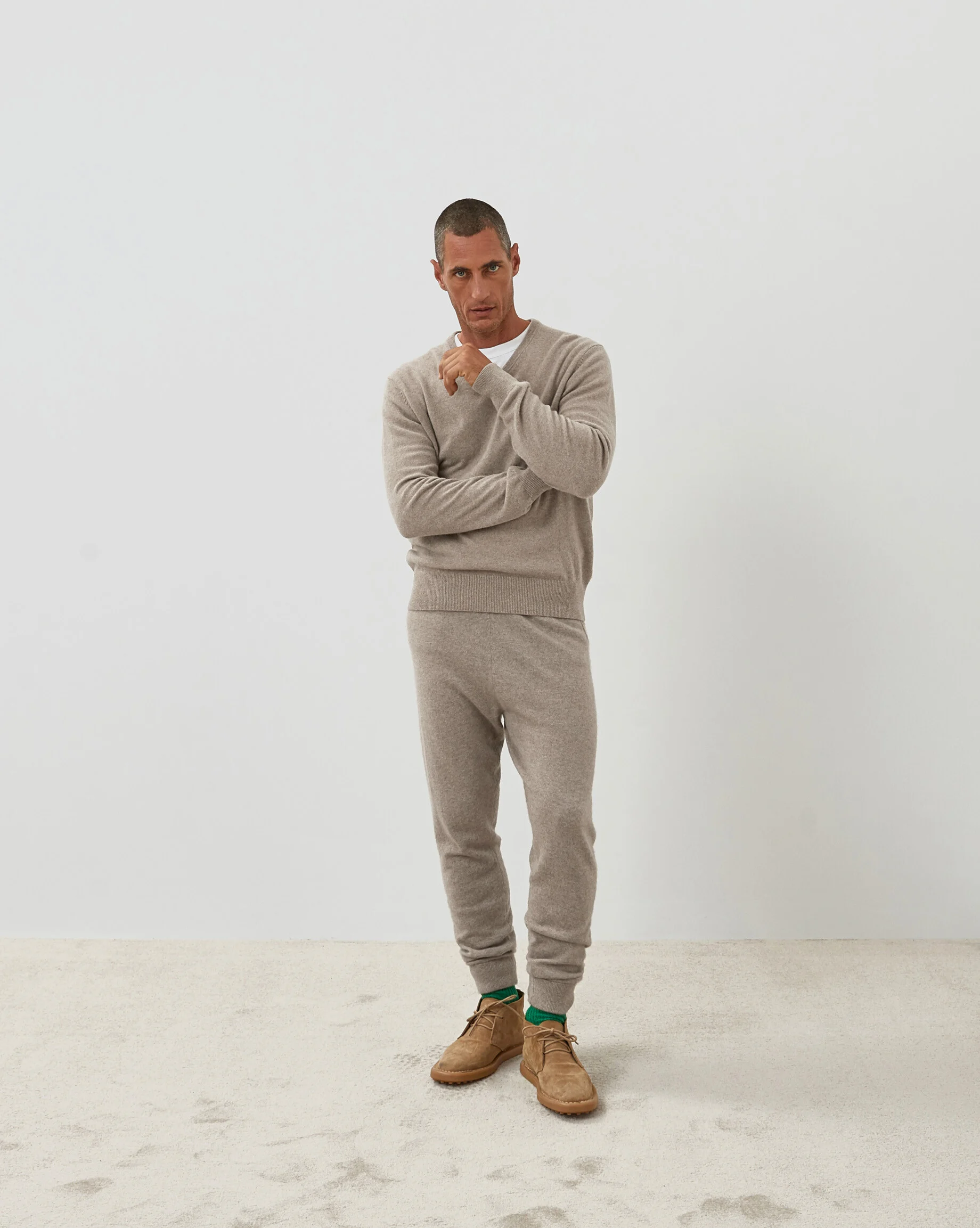 Pull homme col v en cachemire 2 fils | Beige