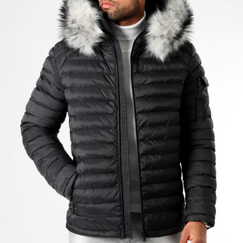 Doudoune Capuche Ultralight Avec Fourrure Grise 0051 Noir