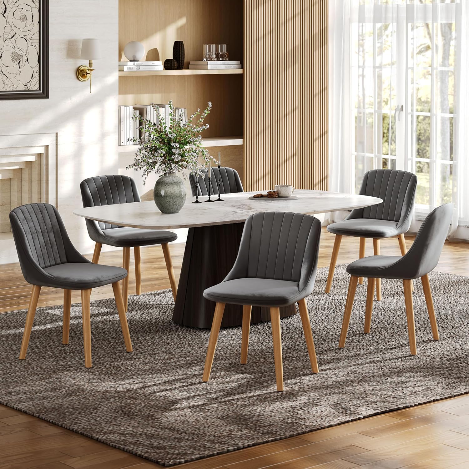Esszimmerstühle 6er Set Samt Polsterstuhl Küchenstuhl Wohnzimmerstühle mit Rückenlehne und Massivholz-Beine, Dunkelgrau
