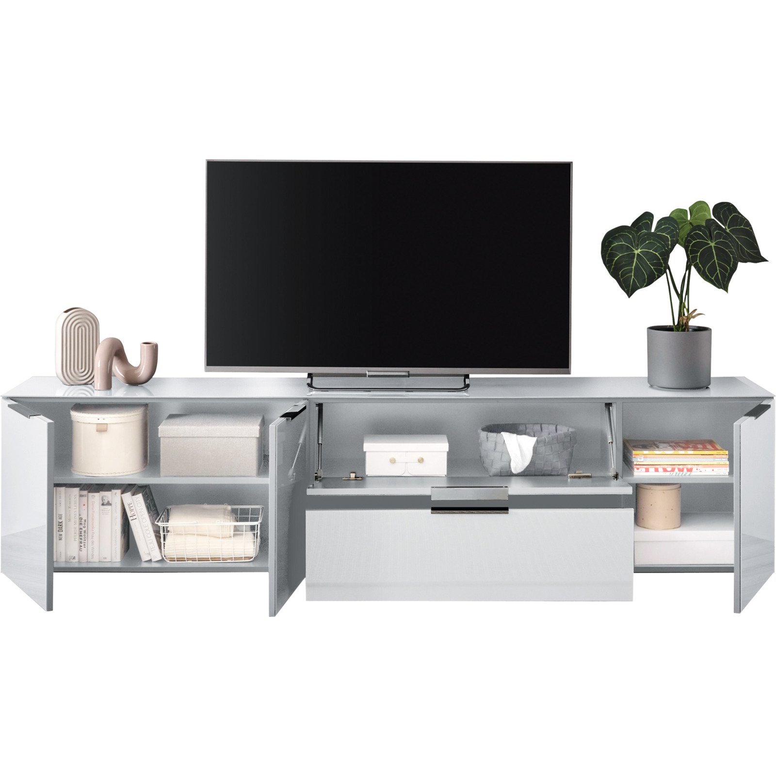 TV-Möbel Santo, Spanplatte Glas weiss, 225,5 x 54,5 x 40 cm