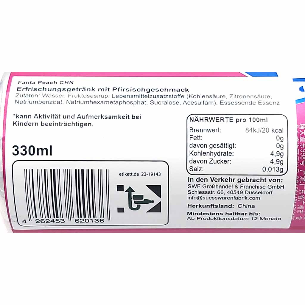 12x Fanta Peach DOSE 0,33L = 3,96 Liter MHD:7.4.25