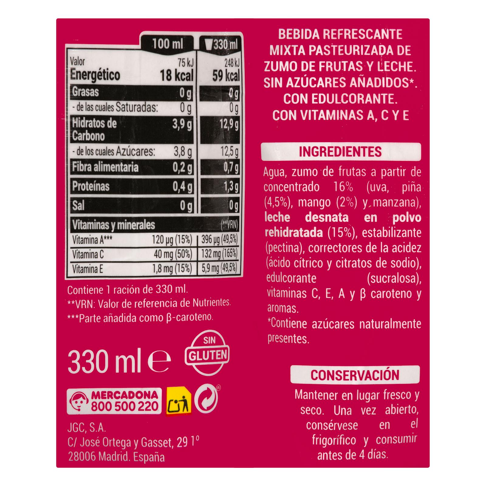 Hacendado Fruits tropicaux + Lait sans sucre ajouté