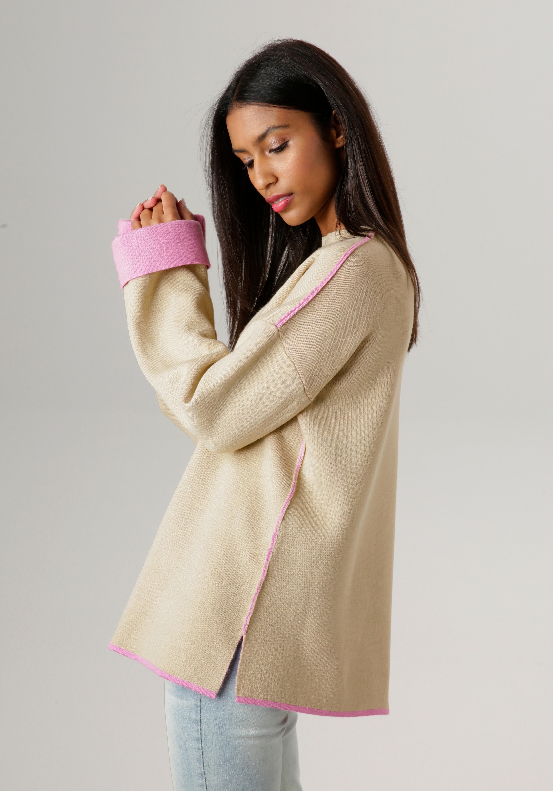 Aniston SELECTED Strickpullover , mit rosafarbenen Zierkanten