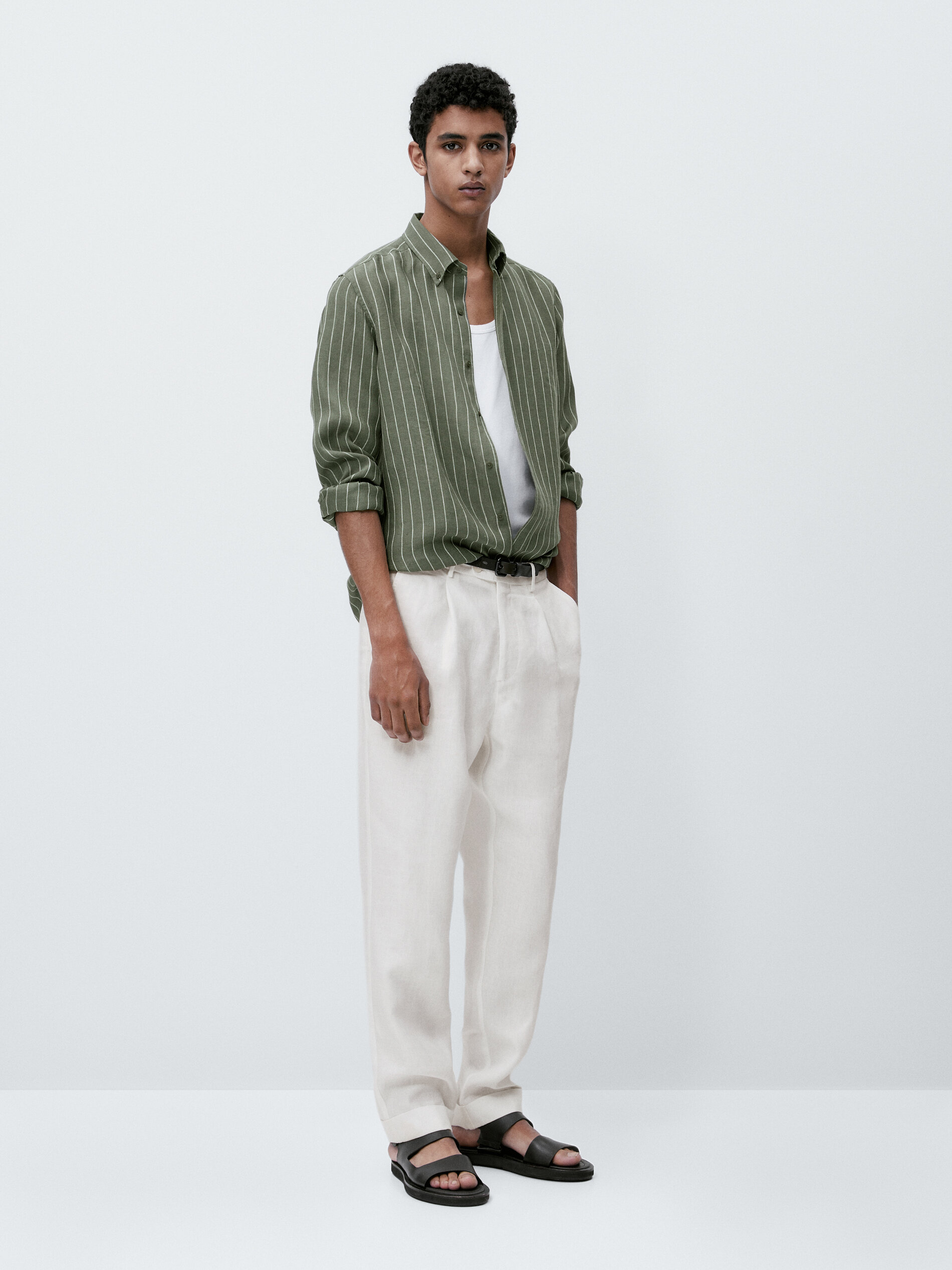 Camisa raias 100% lino slim fit - VERDE