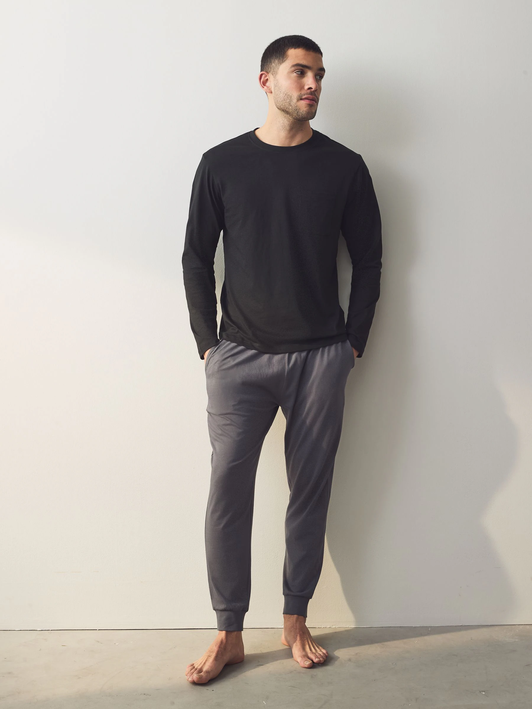 Zwart/grijs - Long Sleeve Cuffed 100% Cotton Pyjamas