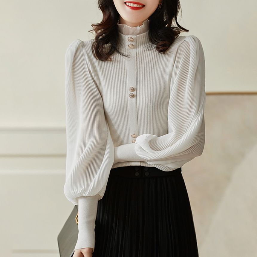 Lewwe - Gebreide top met lange mouwen en coltrui, effen chiffon paneel, knoopaccent en volantrand