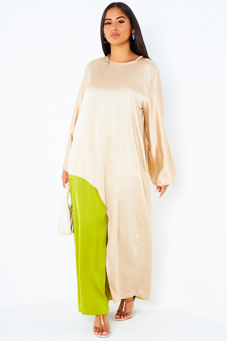 Ensemble 2 pièces blouse asymétrique beige + jupe verte