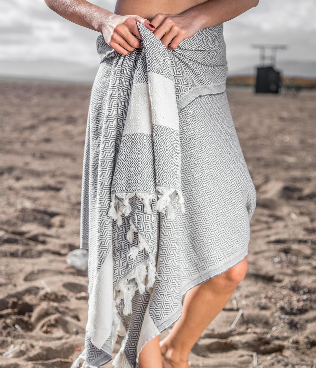(180x100cm) XXL Baumwoll Badetuch Strandtuch Dünnes Pestemal Beach Tuch mit Tassel - Schwarz