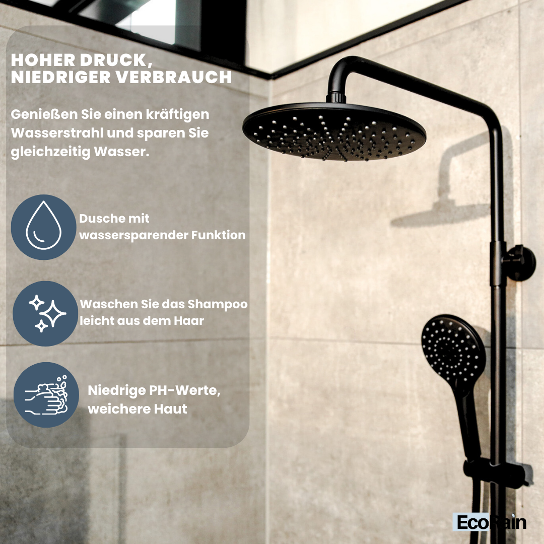 EcoRain Waterbesparende Regendoucheset Glenn 23 cm Zwart met Thermostaatmengkraan - 30% Waterbesparing - Moderne Regendoucheset - Handdouche 12 cm - Universele Douchekop - Antikalk Douchekop