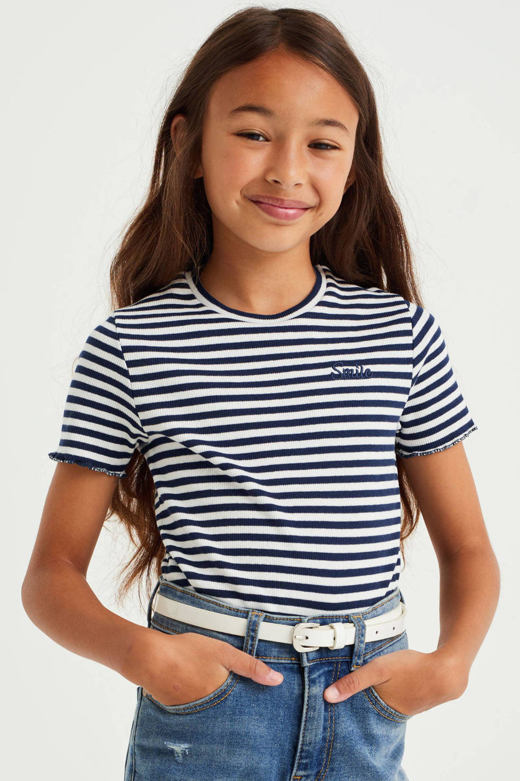 WE Fashion gestreept T-shirt blauw/wit