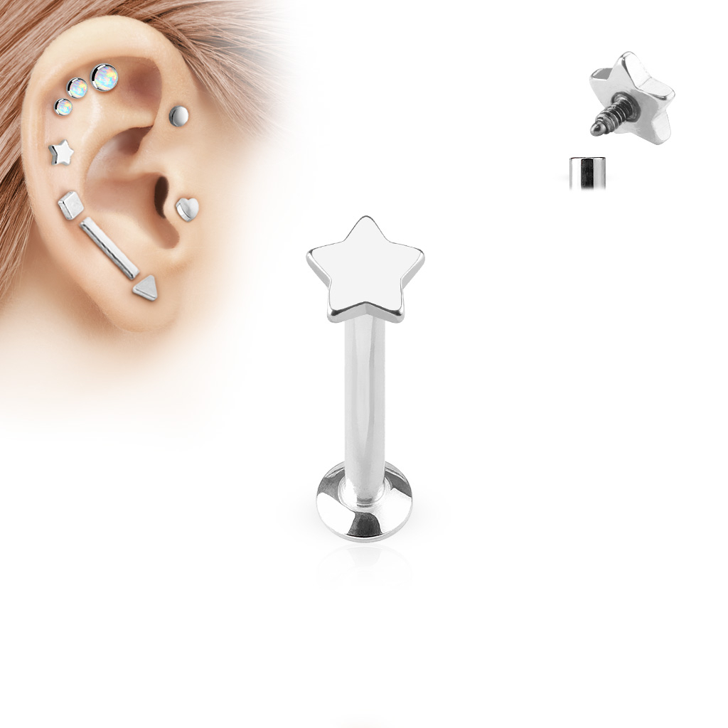 (6mm) Tragus / Helix 316L Chirurgenstahl Ohr Piercing mit Gewindeverschluss Stern - Silber