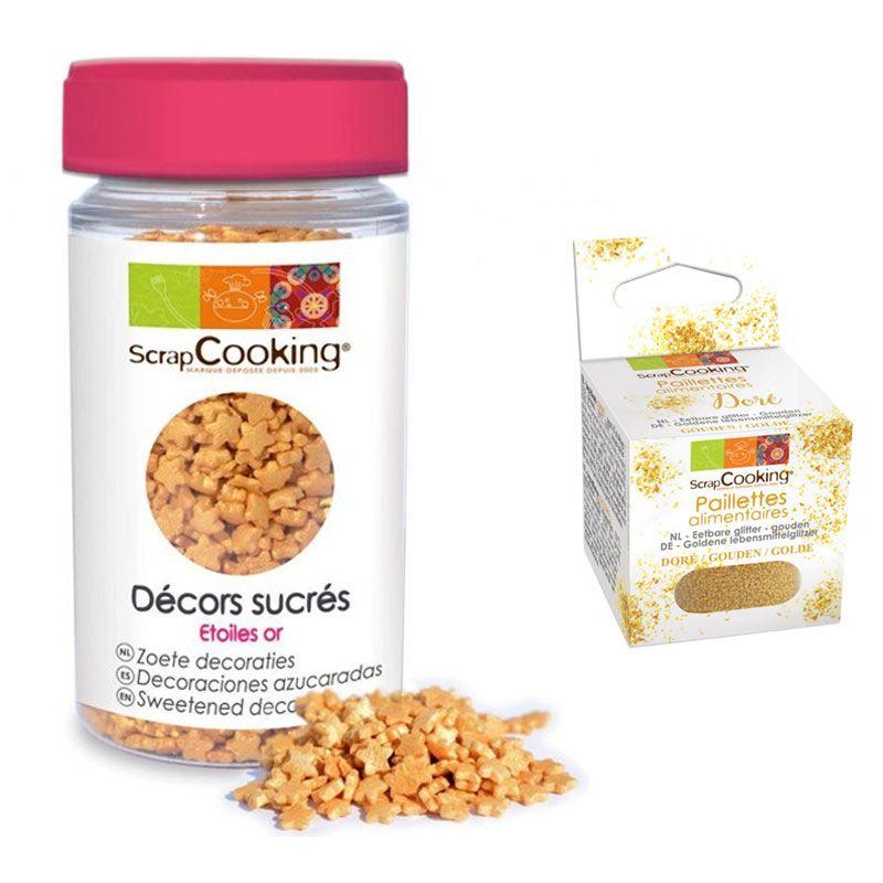 Décors sucrés étoiles dorées + paillettes dorées Scrapcooking