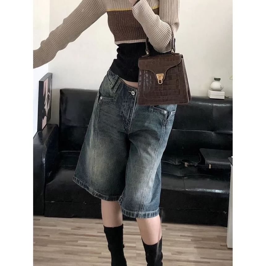 Jerolenea - Low Rise Washed Wide Leg Denim Jorts