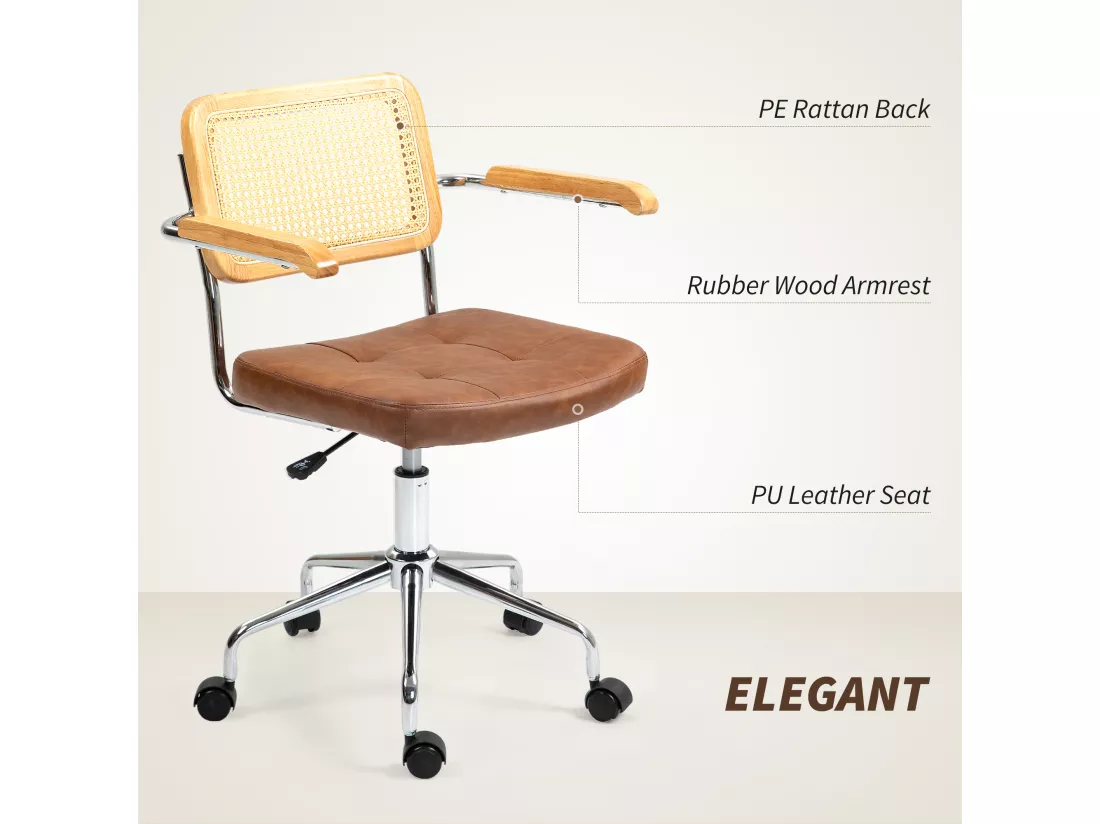 Chaise de bureau style vintage - réglable, pivotante - acier chromé bois aspect rotin assise effet capitonné
