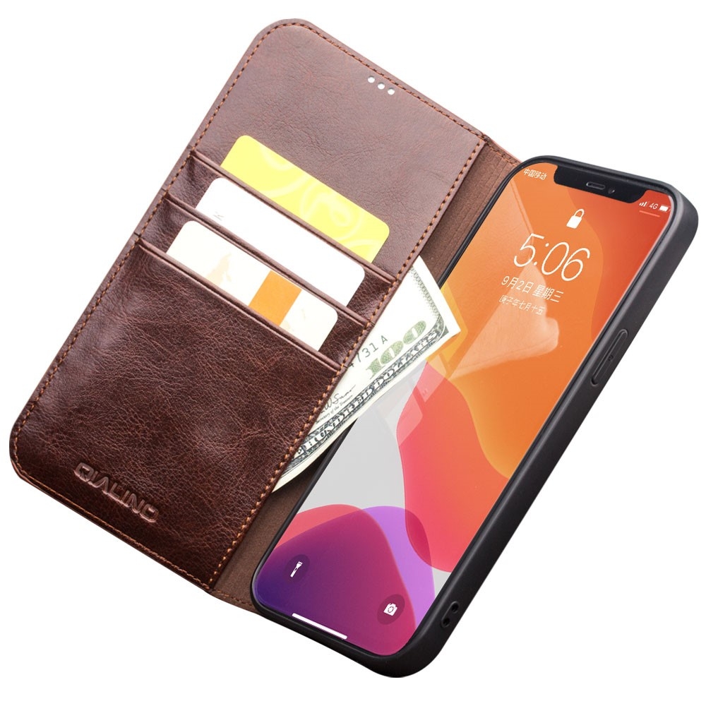 iPhone 12 / iPhone 12 Pro Echtleder Tasche Flip Cover mit Kartenfächer - Braun