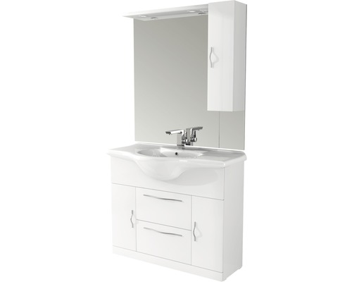 Badkamermeubelset Baden Haus Bahia BxHxD 105 x 190 x 50 cm, fronten in hoogglans wit, met witte keramische wastafel en badmeubel met 2 deuren en 2 laden, laden met soft-close functie, spiegel en lichte volant