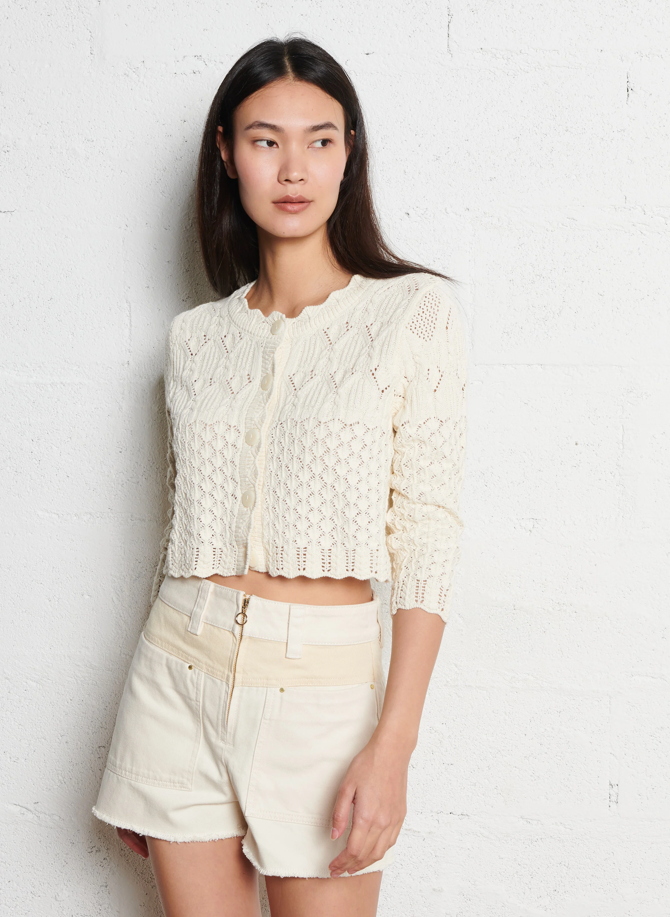 JUMP - Cardigan col rond à broderies ajourées en coton | Beige