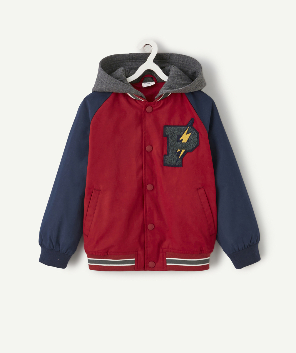 BLOUSON GARÇON BORDEAUX ET BLEU AVEC CAPUCHE ET PATCH