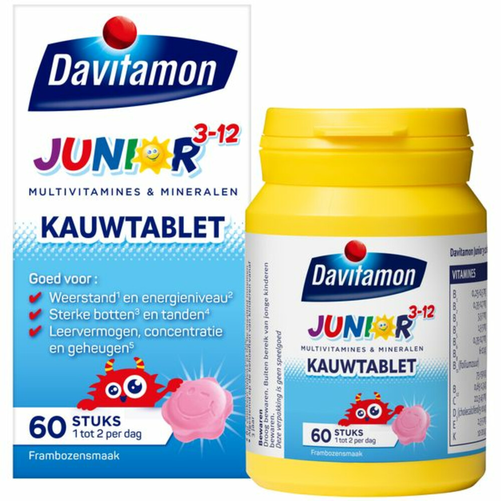 2x Davitamon Junior 3+ Kauwvitamines Framboos60 kauwtabletten