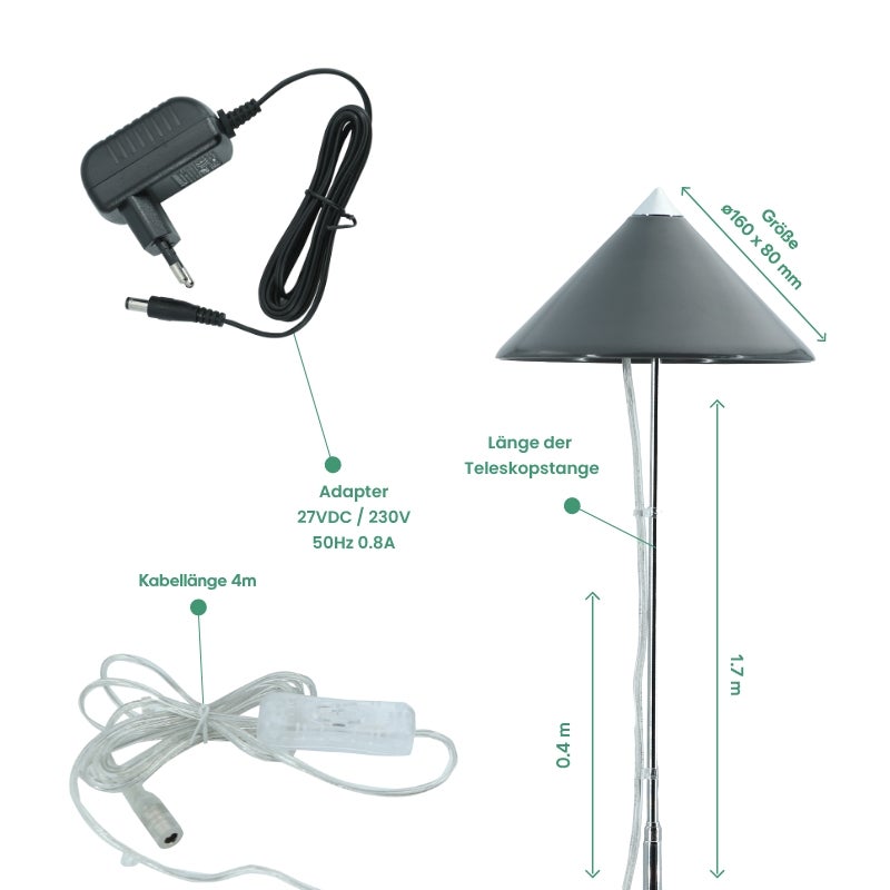 Parus by Venso SUNLITE XL LED Full Spectrum Plantenlamp Grijs 25W Binnenplantenverlichting, met uitschuifbare telescopische paal, Parus plantenlamp voor grote en kleine kamerplanten