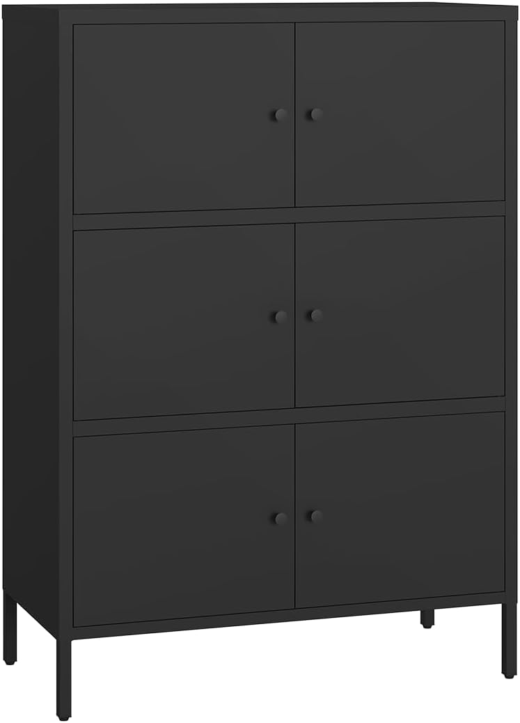 skølm Atriona Metall Kommode – Sideboard mit 3 Fächern & 6 Türen – Metallschrank in Schwarz – Mehrzweckschrank – Highboard 80 cm breit – höhenverstellbare Füße – Aufbewahrungsschrank – Flurschrank