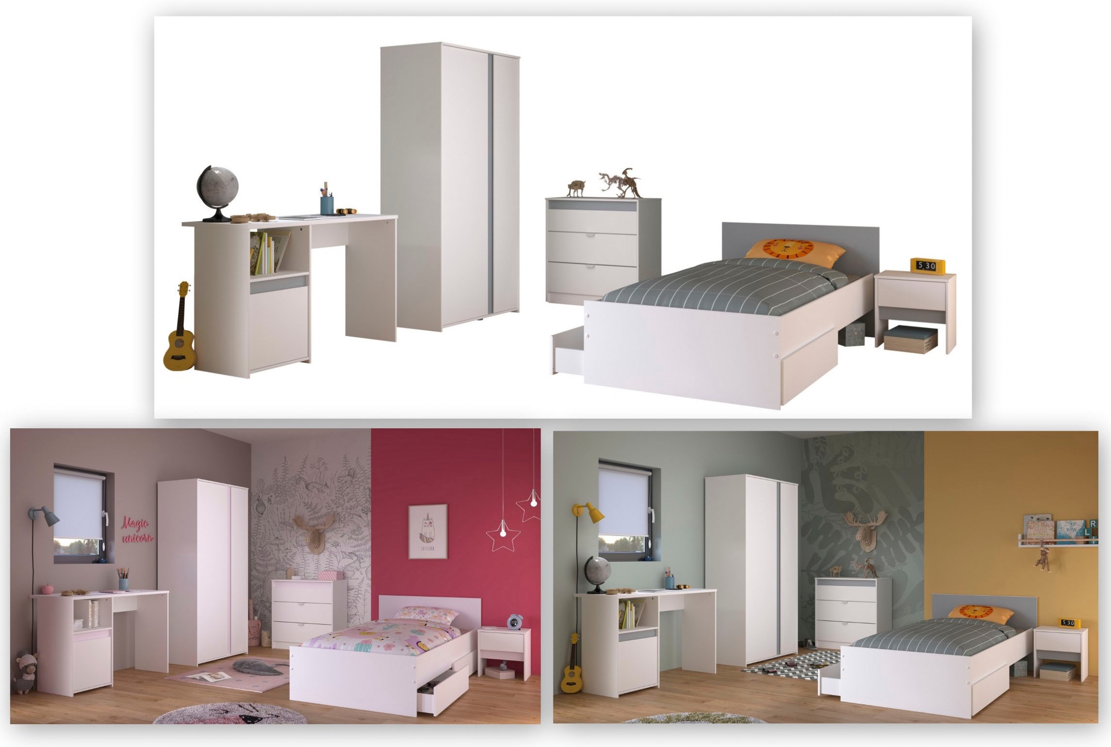 Parisot Jugendzimmer-Set »Pirouette, farbige Einsätze drehbar- Rosa oder Grau« Set, Schreibtisch, Bett, Schubkasten, Kleiderschrank, Kommode, Nachttisch, 6 Stk. tlg. komplettes Jugendzimmer, für alle Zielgruppen