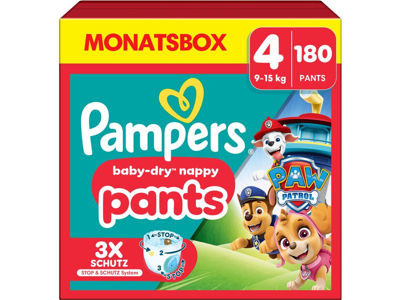 Pampers Windeln Baby Dry Pants Paw Patrol Maxi Grösse 4 Monatsbox 9-15 kg, 180 Stück