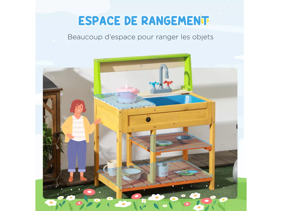 Jeu d'imitation cuisine extérieure enfant 3 étagères évier bois sapin pré-huilé