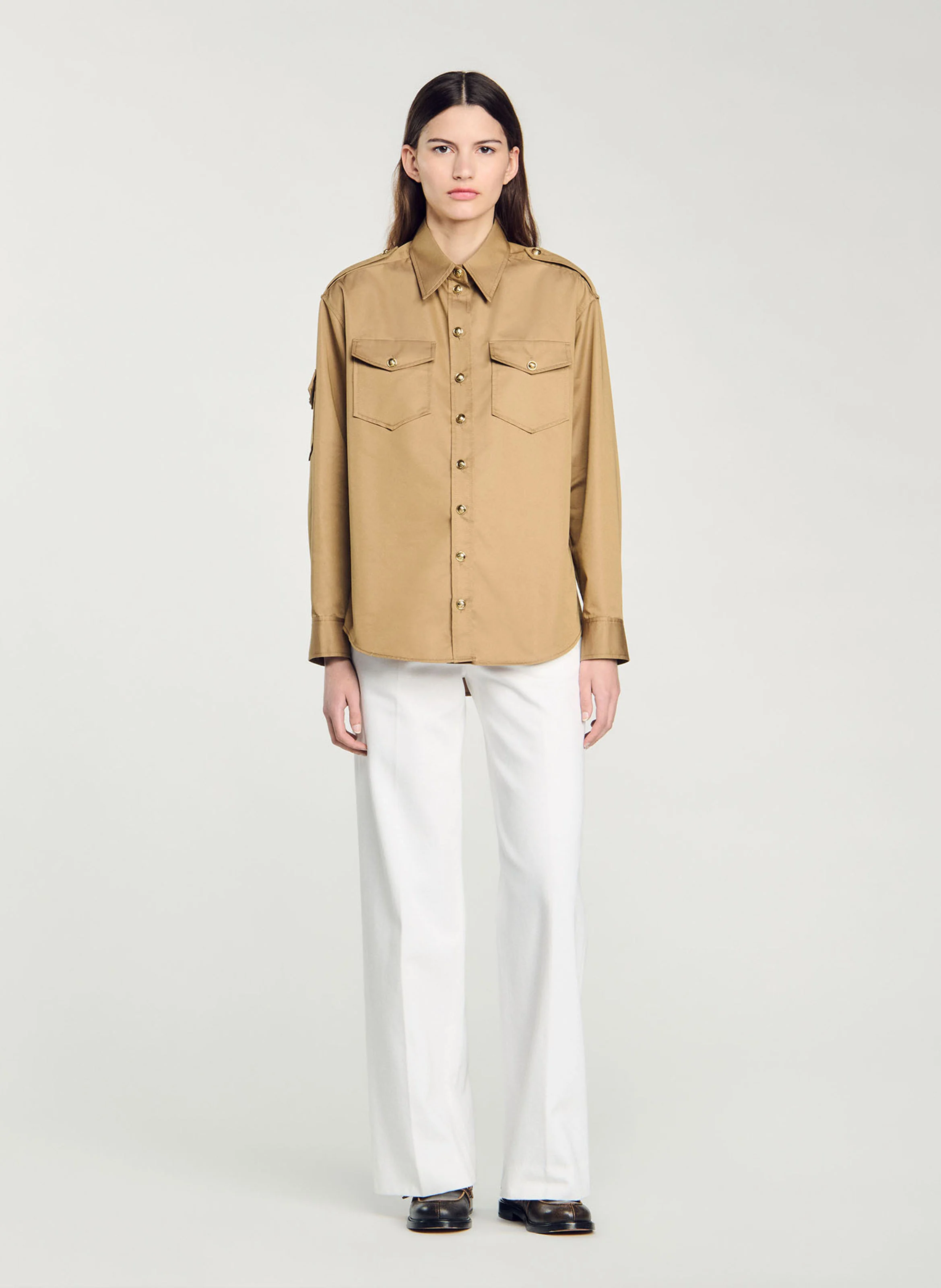 Chemise droite col classique en coton mélangé | Marron