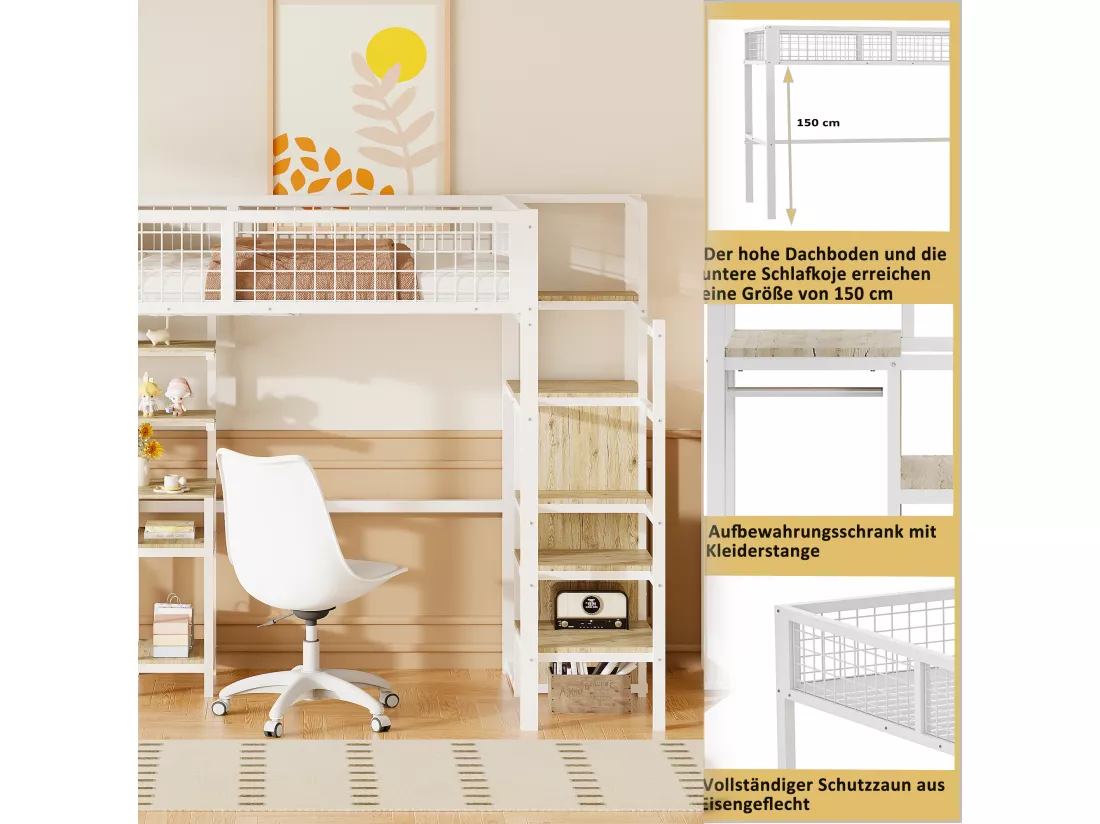 Lit mezzanine 90 x 200 avec bureau et armoire - Structure en fer - Sommier à lattes - Blanc (sans matelas)