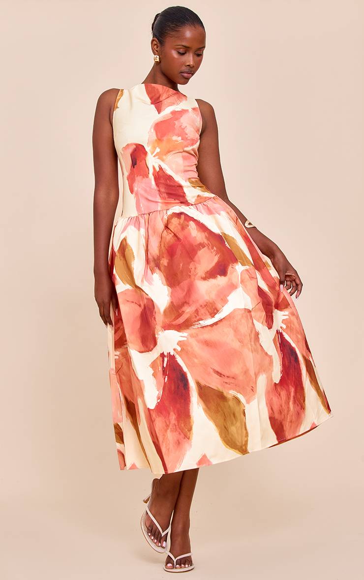 Orange Robe Mi-longue À Taille Basse Et Imprimé Fleuri