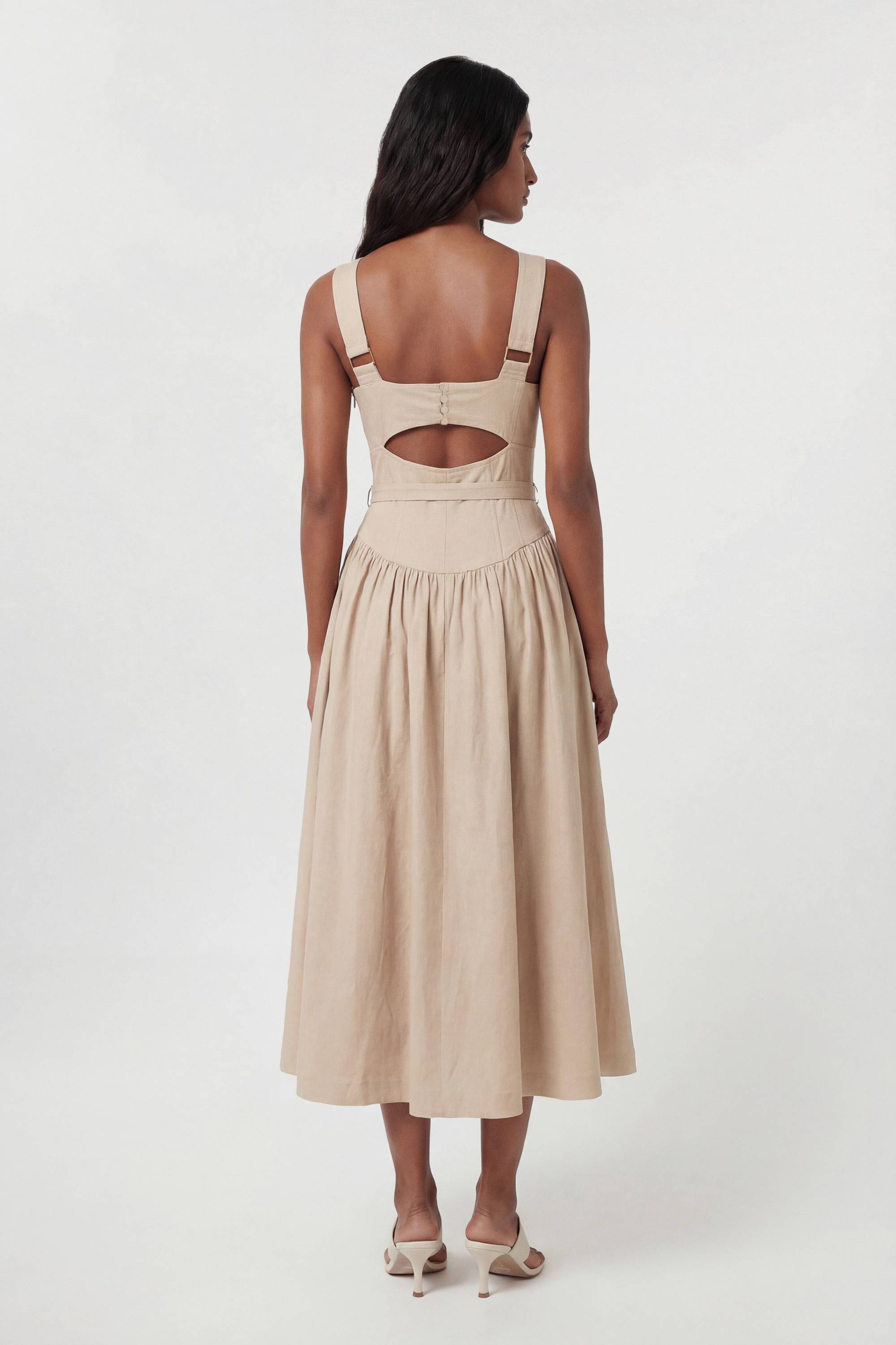 KarenMillen Robe Mi-Longue Évasée En Lin Premium Avec Col Licou Et Ceinture Ajustée