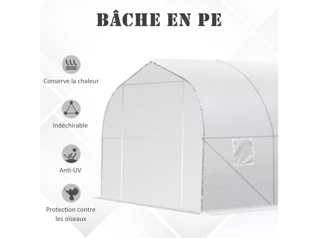 Serre tunnel de jardin dim. 3,5L x 3l x 2H m porte + 6 fenêtres enroulables acier galvanisé bâche PE haute densité blanc