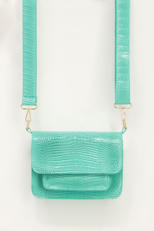 Turquoise schoudertas met croco print