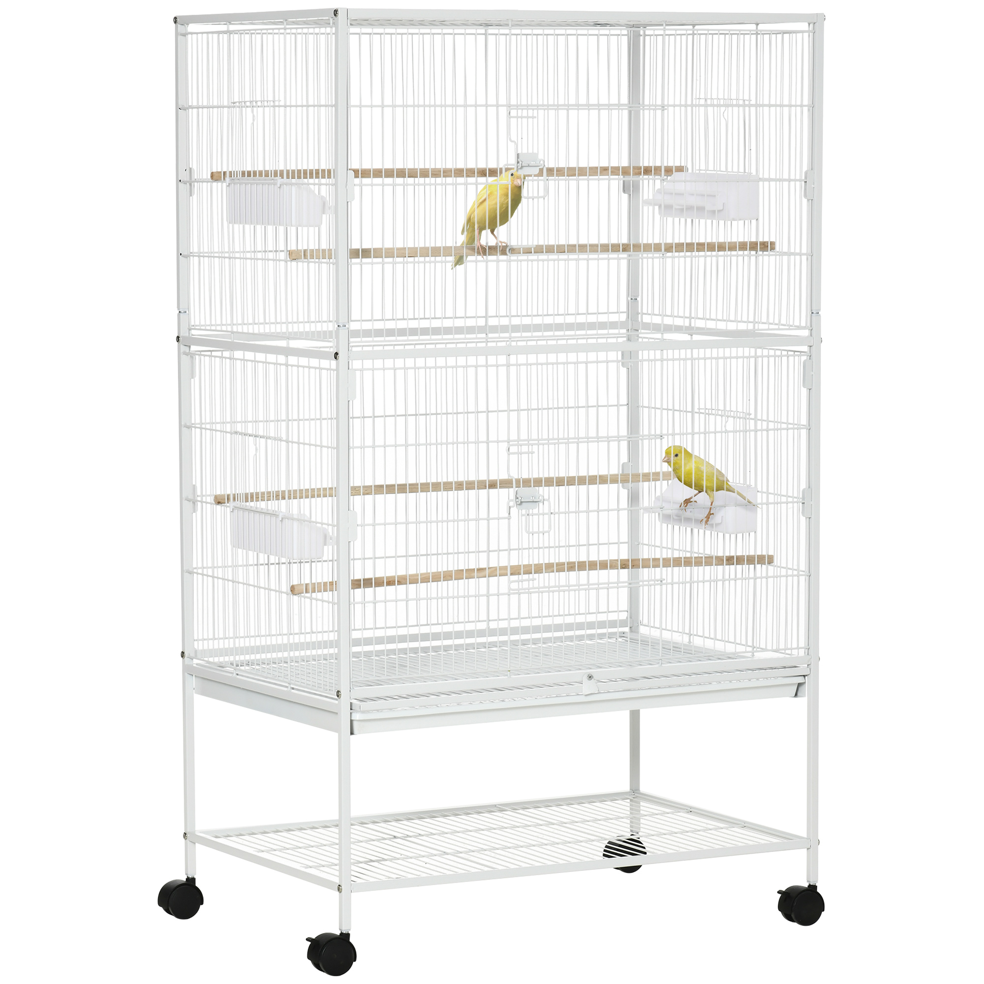 Gaiola para pássaros PawHut com rodas, 78x52x132 cm, em metal, com bandeja removível, 4 portas, 4 comedouros, 4 poleiros e prateleira de armazenamento para canários e periquitos, branca.