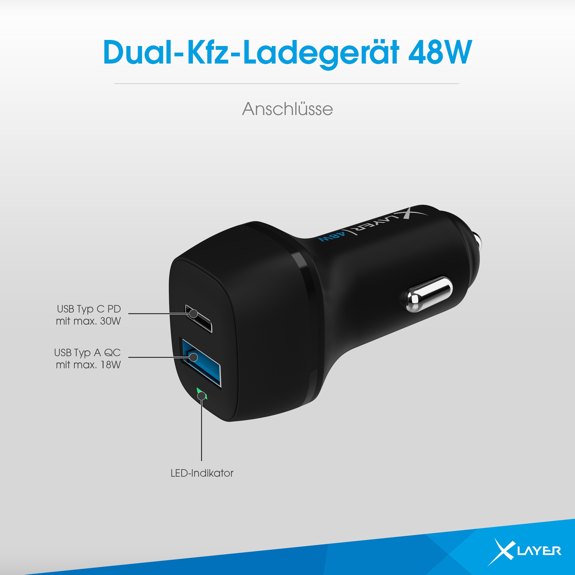 Xlayer Charger Kfz-Ladegerät USB-C PD 48W,USB QC3.0 18W Dual Adapter Schnellladegerät