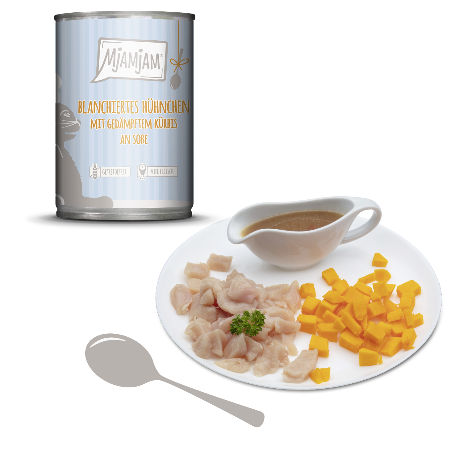MjAMjAM – blanchiertes Hühnchen mit gedämpftem Kürbis an Soße