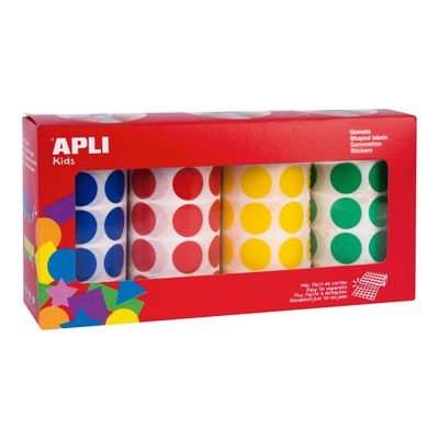 APLI kids - 4 rouleaux de gommettes rondes - 20 mm Ø - bleu, jaune, rouge, vert