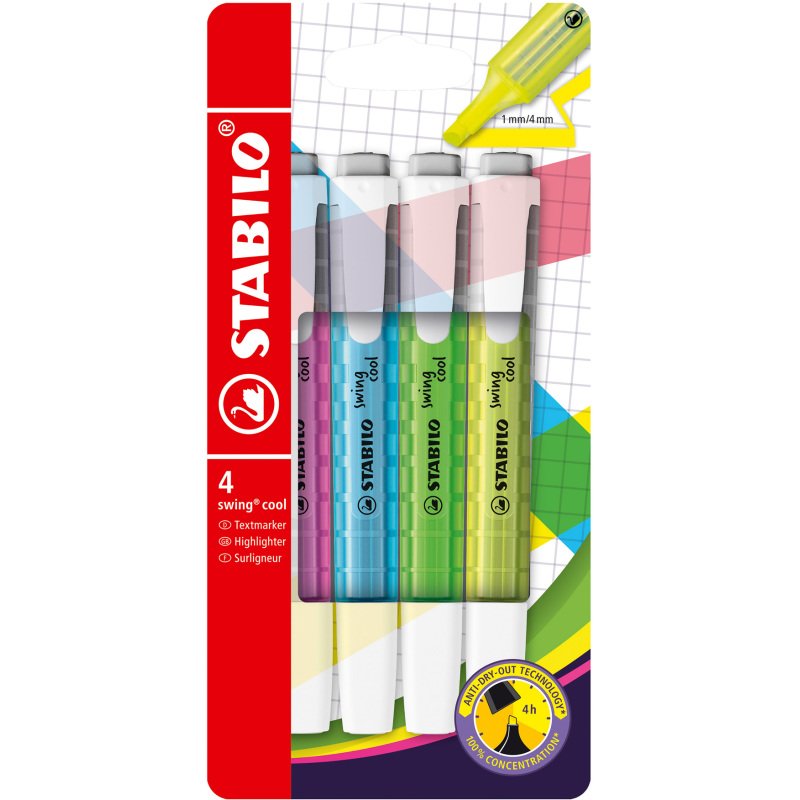 Surligneurs Stabilo Swing Cool couleur fluo assorties - Pochette de 4