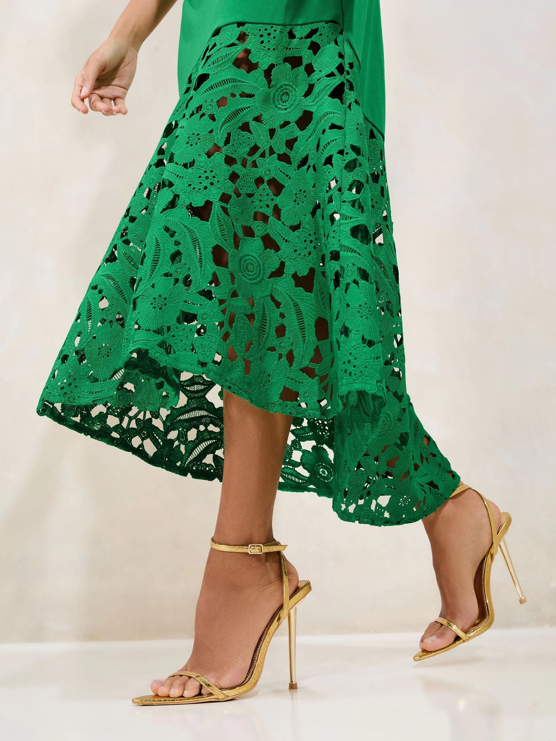 Groen - Lipsy fit en flare midi-jurk met bloemenprint en kant
