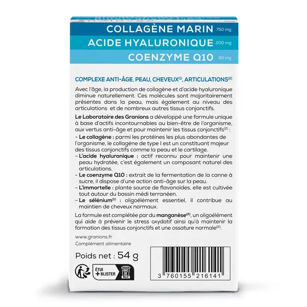 Granions Collagène Marin et Acide Hyaluronique + Coenzyme Q10 - Lot de 3 - Routine Anti Âge Anti Rides 3 x 60 comprimés - cure de 3 mois