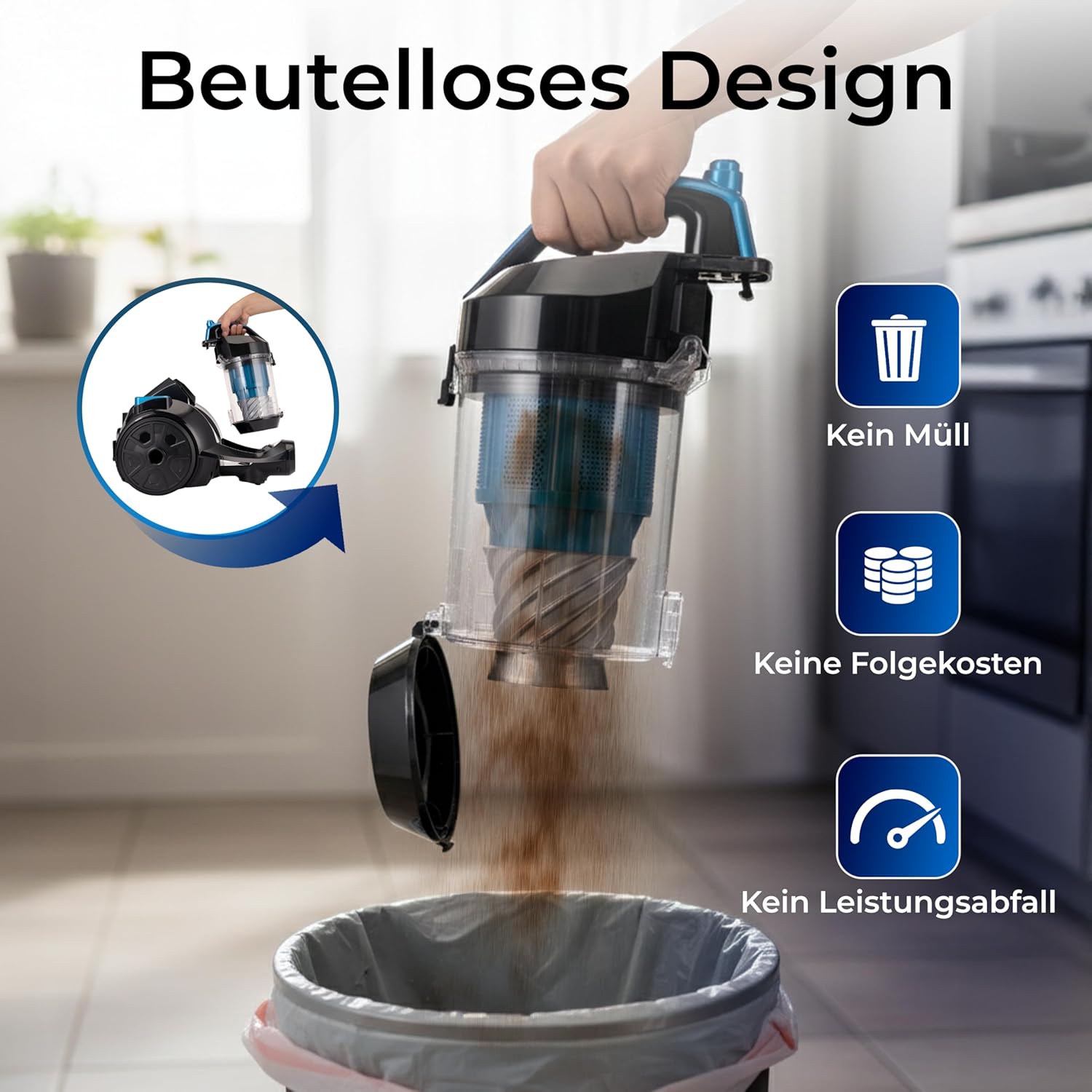 KLAMER Staubsauger Beutellos, Bodenstaubsauger ohne Beutel, Ideal für Haustierbesitzer gegen Tierhaare, 850 Watt, 9 m Aktionsradius, 3L Staubbehälter, Waschbarer Hygiene HEPA 12 Filter