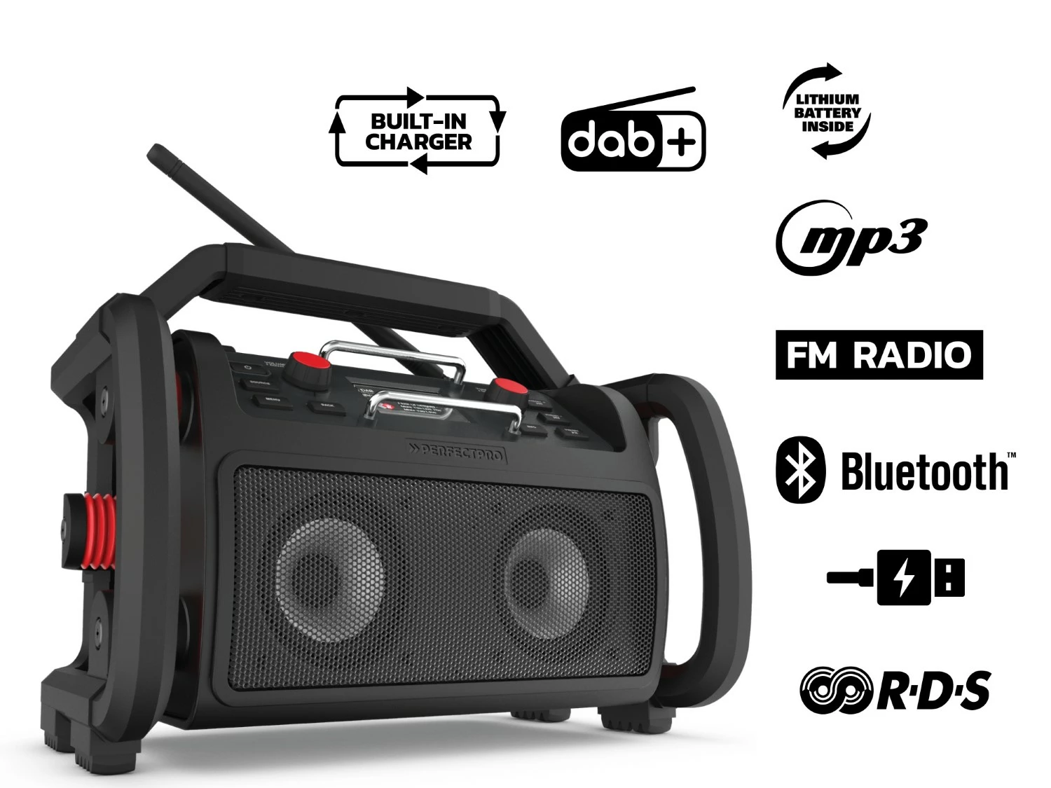 PerfectPro ROCKPRO Bouwradio werkt op accu en netstroom - FM - AUX-ingang - Zwart
