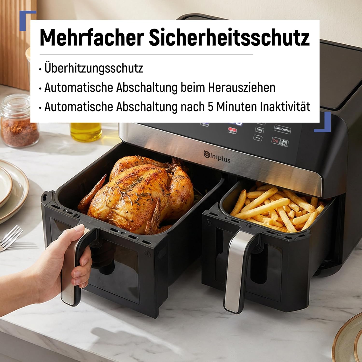 SIMPLUS Heißluftfritteuse 10L Doppelkorb mit Sichtfenster, 2 Kammern mit unabhängiger Temperaturregelung, 11 Programme, LCD Touchscreen, 1800W Airfryer, Timer & Vorheizen, Antihaftbeschichtet