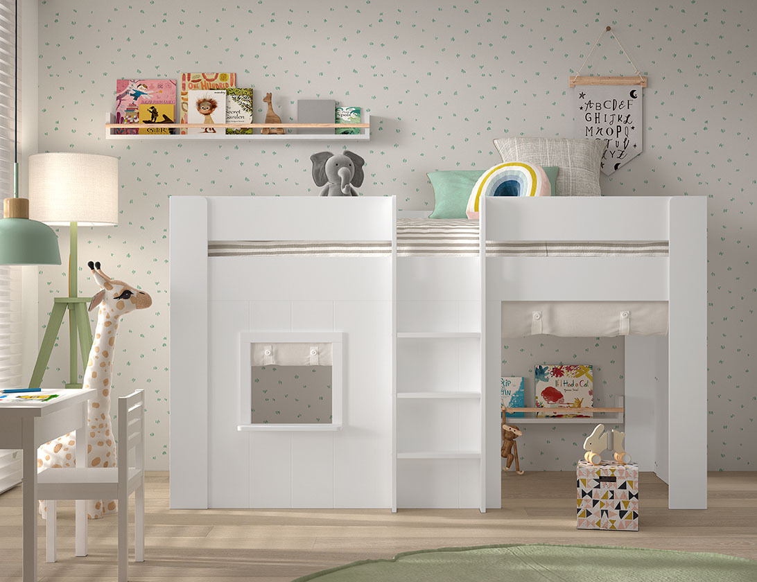 Halbhohes Spielbett RENO - weiß - mit Vorhang-Set - 90x200 cm