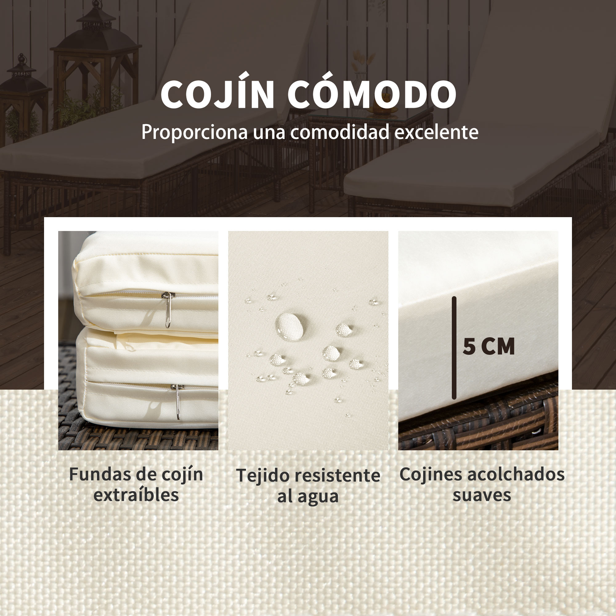 Conjunto Outsunny de 2 espreguiçadeiras de vime para jardim com mesa de centro, encosto ajustável em 5 níveis e almofadas, 196x54x32 cm, marrom