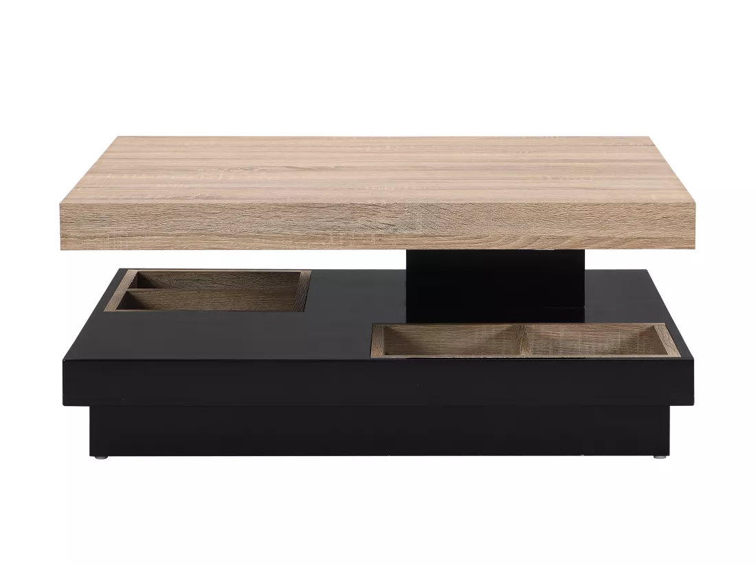 Table basse - Plateau pivotant - MDF laqué noir et naturel - FAUSTO