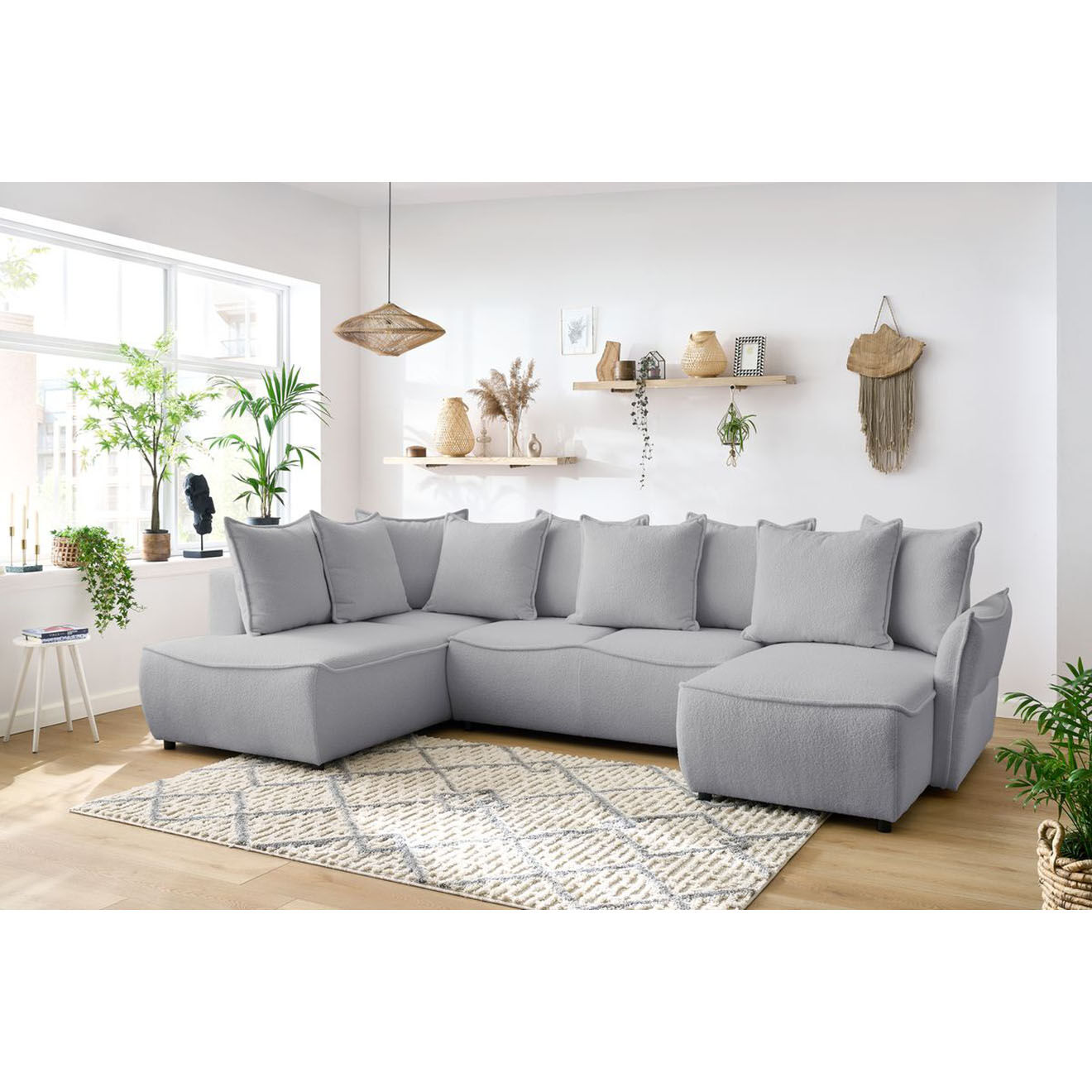 Bobochic Canapé panoramique convertible coffre d'angle droit bouclette léon gris clair - 320x194x90 cm