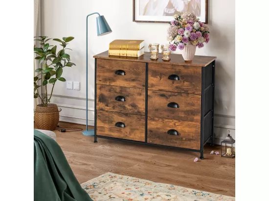 Commode Meuble de Rangement-6 Tiroirs en Tissu, 80 cm x 30 cm x 63 cm, Cadre en Métal, Surface en MDF, Brun Rustique & Noir